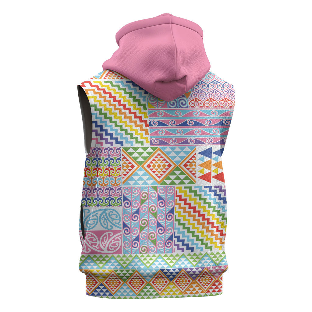 Aotearoa Kowhaiwhai Taniko Patchwork Rainbow Motifs Sleeveless Hoodie LT9 - Polynesian Pride