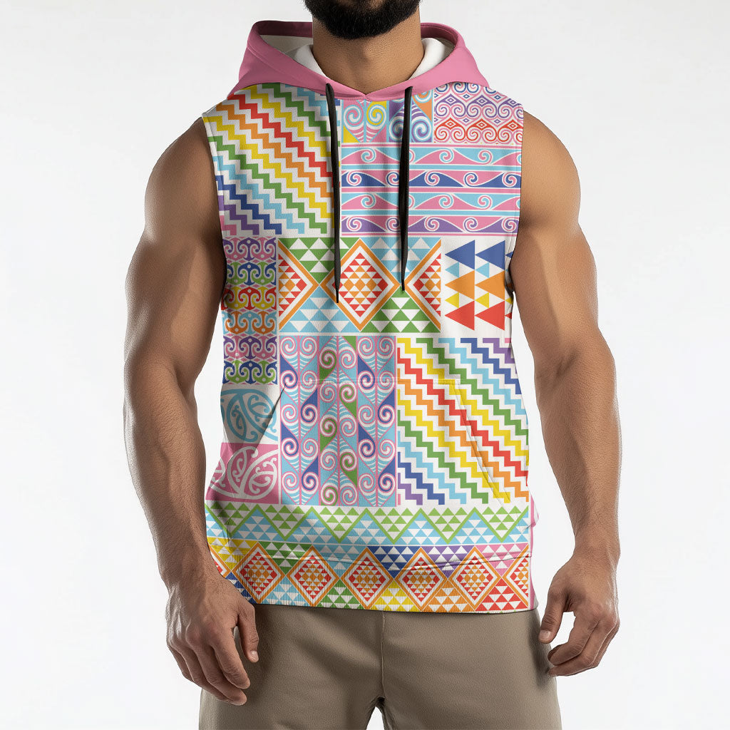Aotearoa Kowhaiwhai Taniko Patchwork Rainbow Motifs Sleeveless Hoodie LT9 - Polynesian Pride