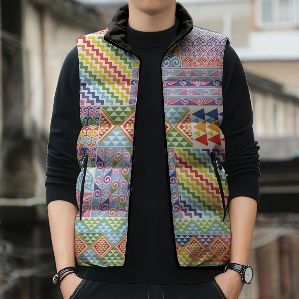Aotearoa Kowhaiwhai Taniko Patchwork Rainbow Motifs Sleeveless Puffer Jacket LT9 - Polynesian Pride