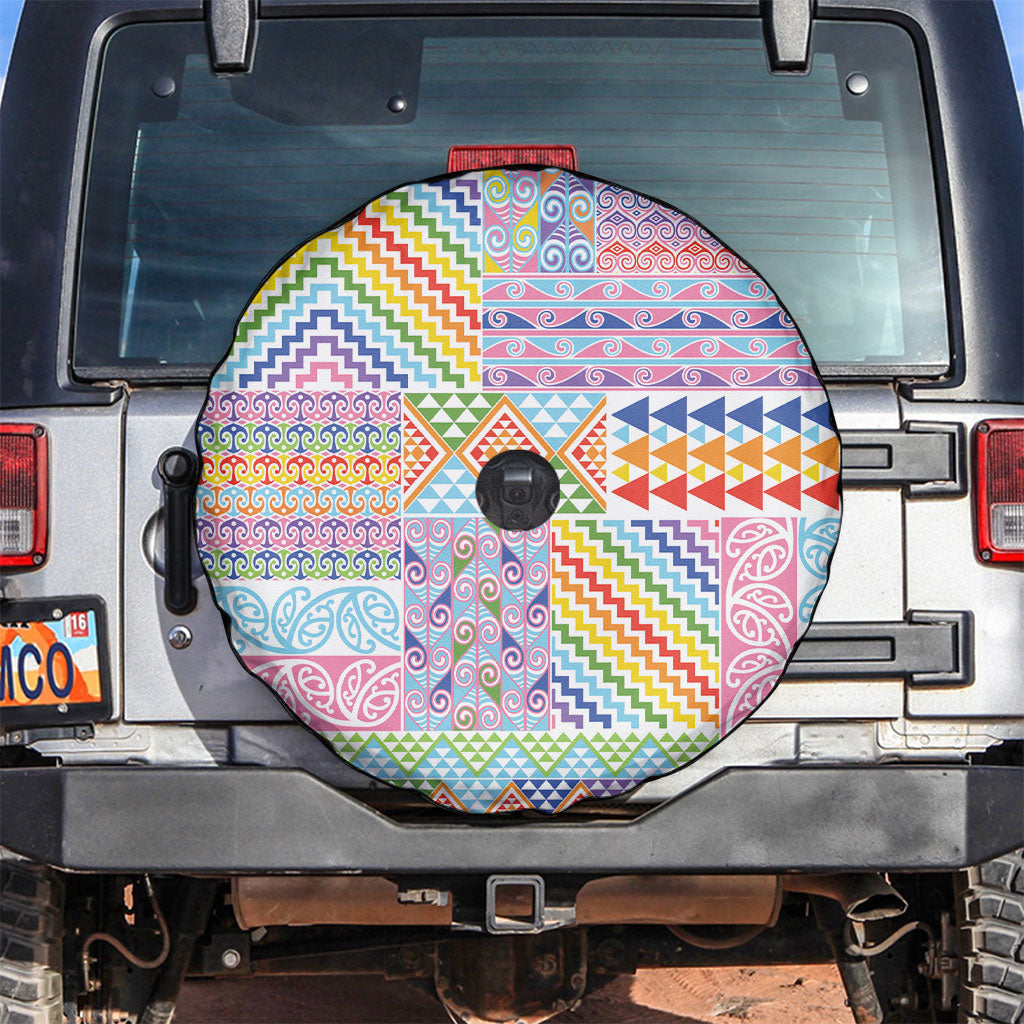 Aotearoa Kowhaiwhai Taniko Patchwork Rainbow Motifs Spare Tire Cover LT9 Rainbow - Polynesian Pride