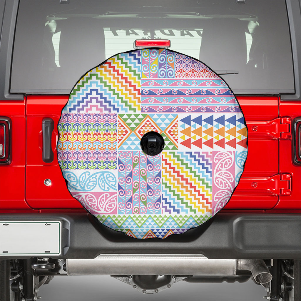 Aotearoa Kowhaiwhai Taniko Patchwork Rainbow Motifs Spare Tire Cover LT9 - Polynesian Pride