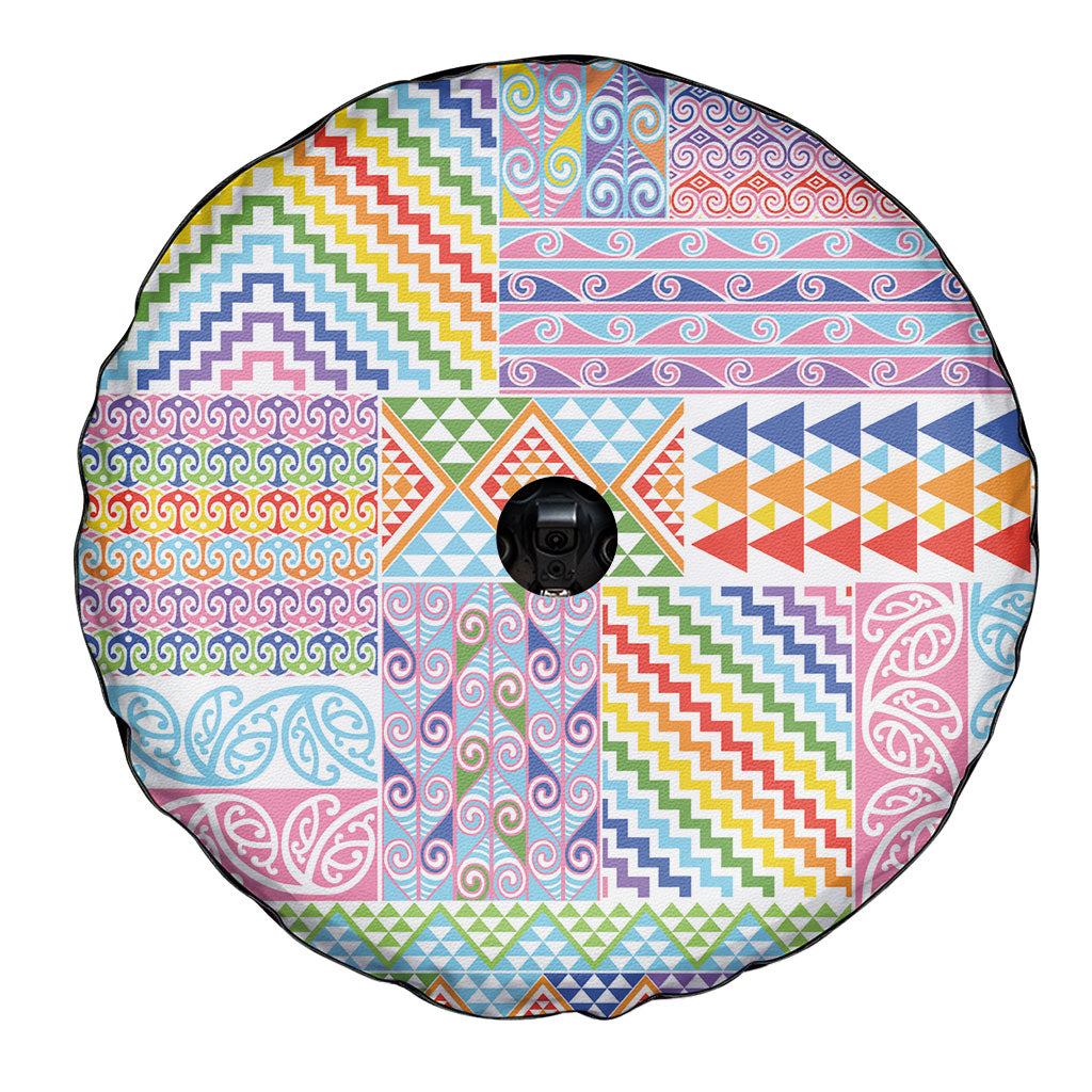 Aotearoa Kowhaiwhai Taniko Patchwork Rainbow Motifs Spare Tire Cover LT9 - Polynesian Pride