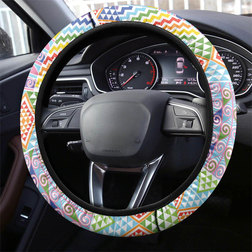 Aotearoa Kowhaiwhai Taniko Patchwork Rainbow Motifs Steering Wheel Cover LT9 - Polynesian Pride