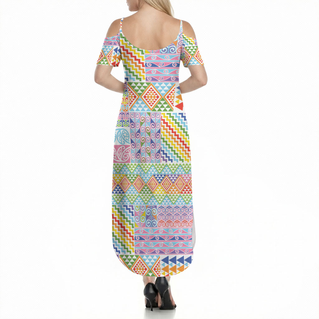 Aotearoa Kowhaiwhai Taniko Patchwork Rainbow Motifs Summer Maxi Dress LT9 - Polynesian Pride