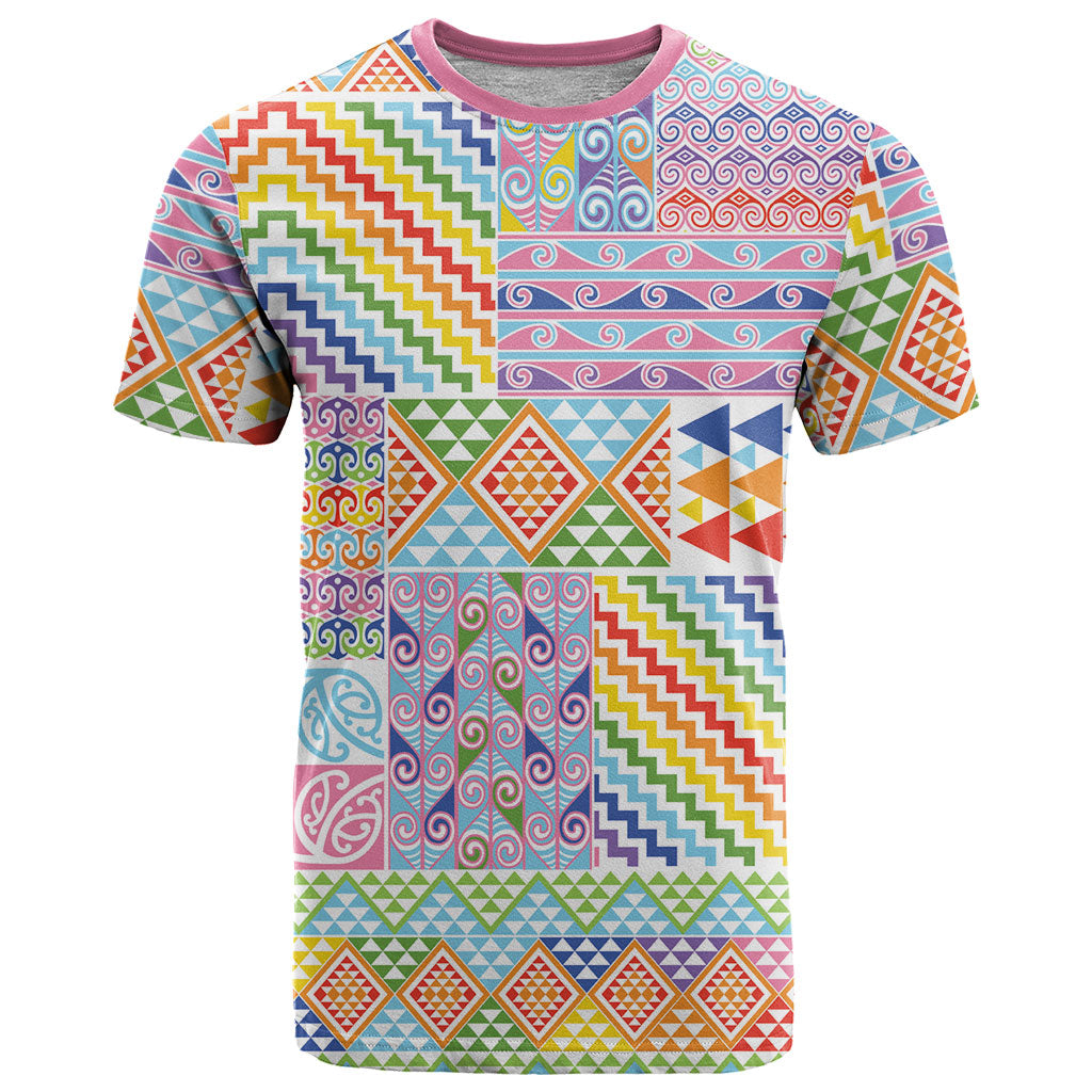 Aotearoa Kowhaiwhai Taniko Patchwork Rainbow Motifs T Shirt LT9 Rainbow - Polynesian Pride