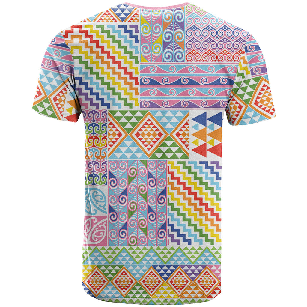 Aotearoa Kowhaiwhai Taniko Patchwork Rainbow Motifs T Shirt LT9 - Polynesian Pride