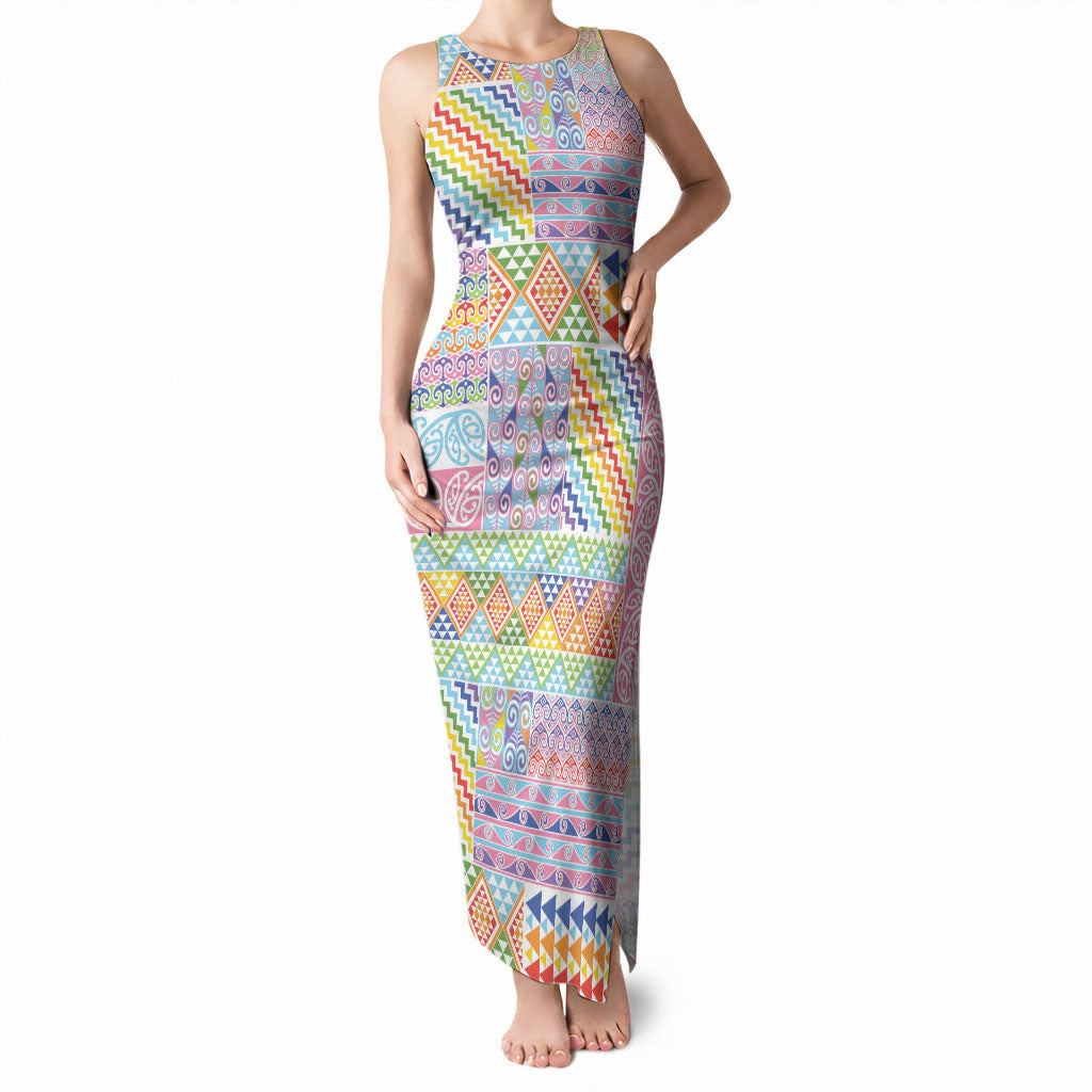 Aotearoa Kowhaiwhai Taniko Patchwork Rainbow Motifs Tank Maxi Dress LT9 Women Rainbow - Polynesian Pride