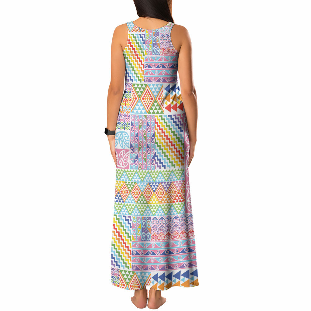 Aotearoa Kowhaiwhai Taniko Patchwork Rainbow Motifs Tank Maxi Dress LT9 - Polynesian Pride