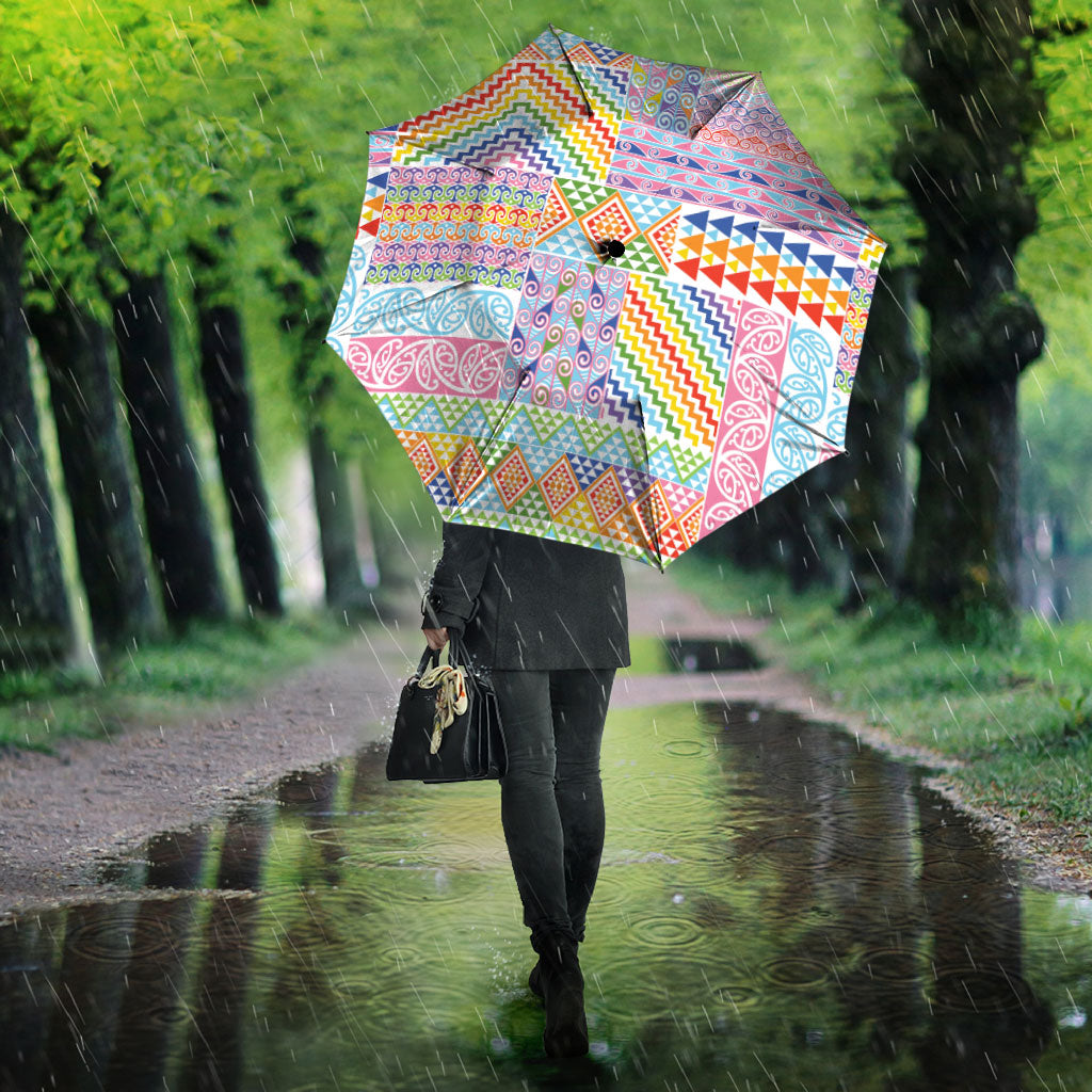 Aotearoa Kowhaiwhai Taniko Patchwork Rainbow Motifs Umbrella LT9 - Polynesian Pride