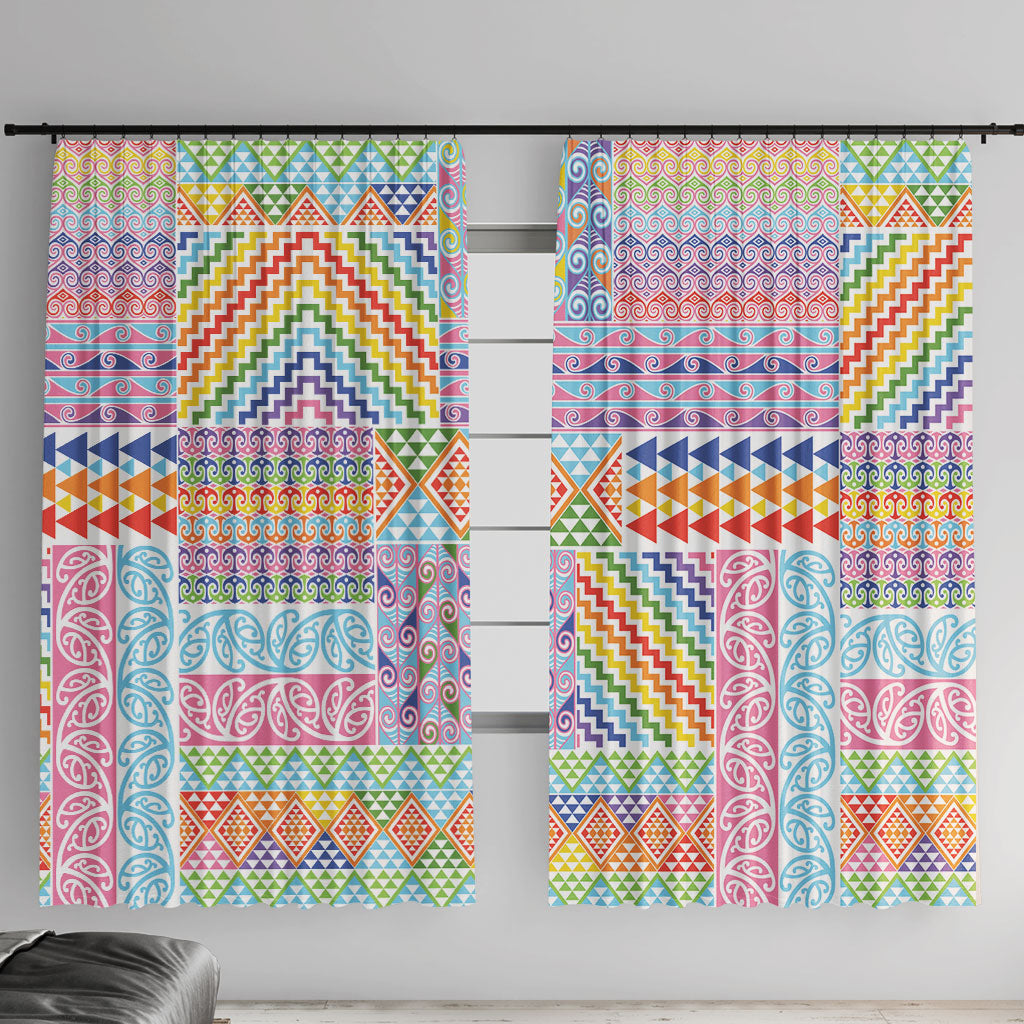 Aotearoa Kowhaiwhai Taniko Patchwork Rainbow Motifs Window Curtain LT9 With Hooks Rainbow - Polynesian Pride