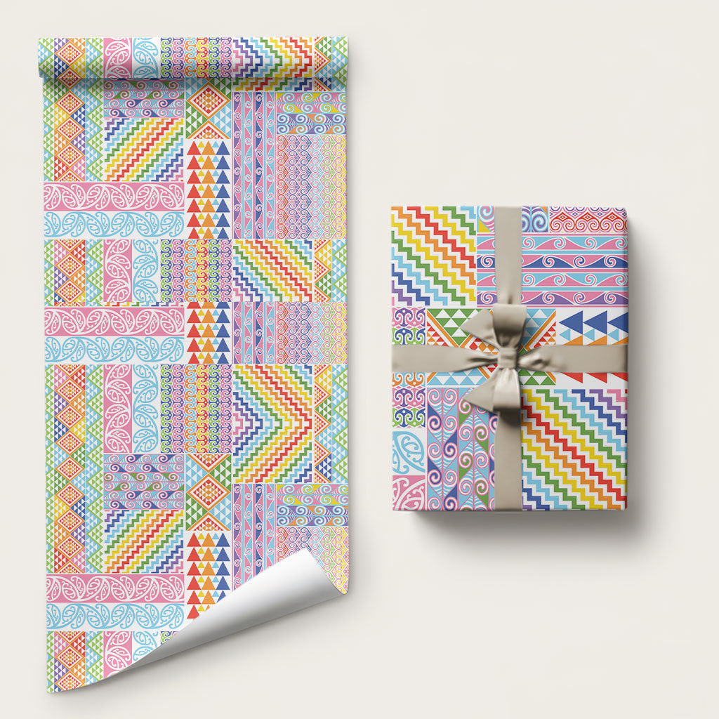 Aotearoa Kowhaiwhai Taniko Patchwork Rainbow Motifs Wrapping Paper