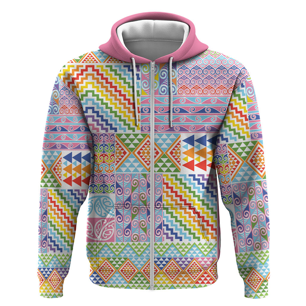 Aotearoa Kowhaiwhai Taniko Patchwork Rainbow Motifs Zip Hoodie LT9 Zip Hoodie Rainbow - Polynesian Pride