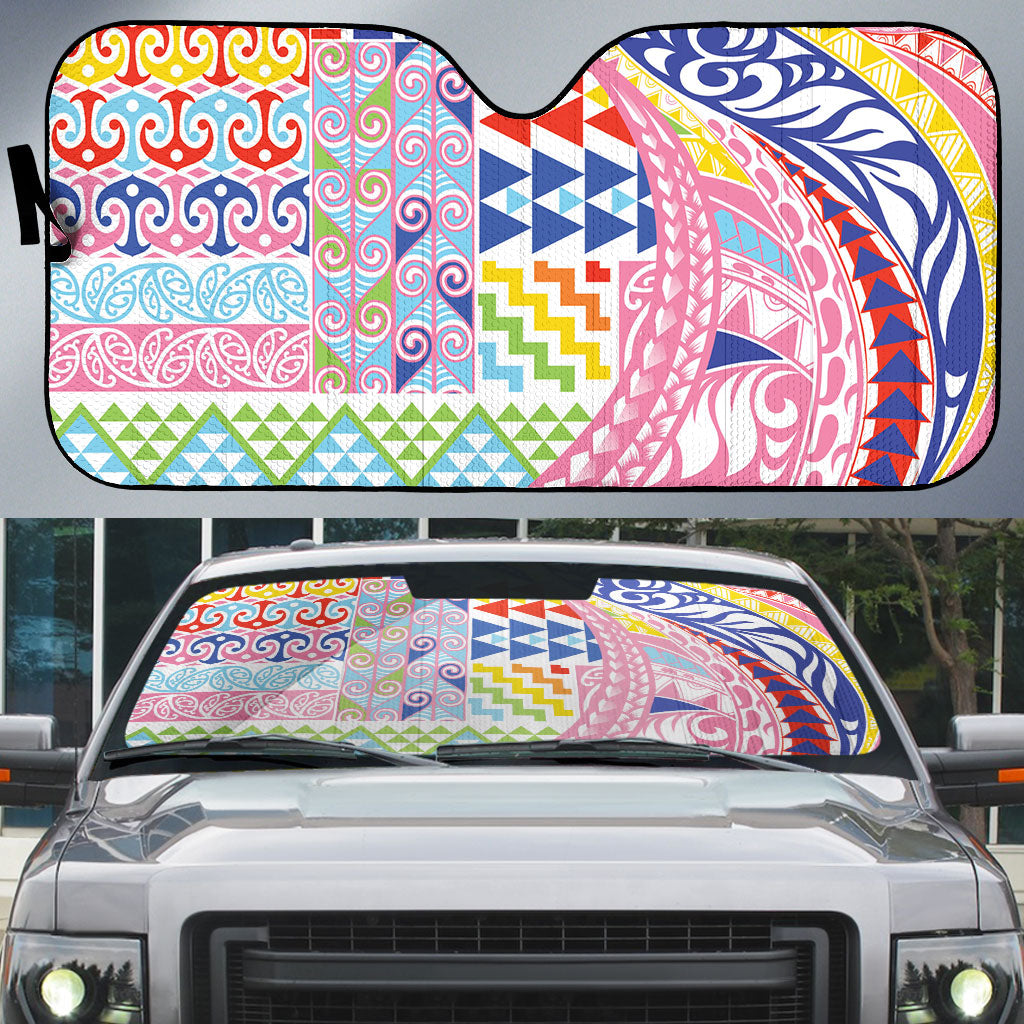 Maori Kowhaiwhai Taniko Patchwork Rainbow Motifs Auto Sun Shade LT9 Rainbow - Polynesian Pride