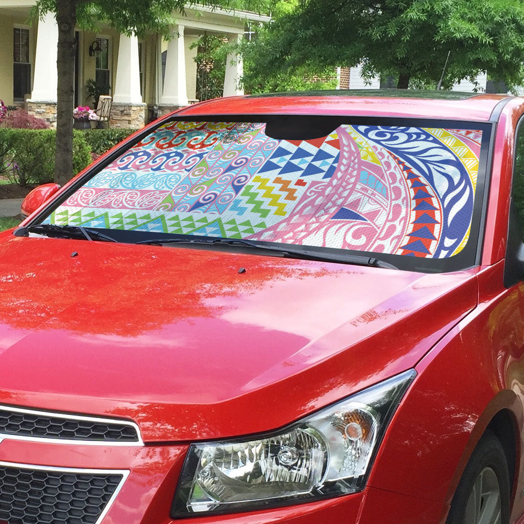 Maori Kowhaiwhai Taniko Patchwork Rainbow Motifs Auto Sun Shade LT9 - Polynesian Pride