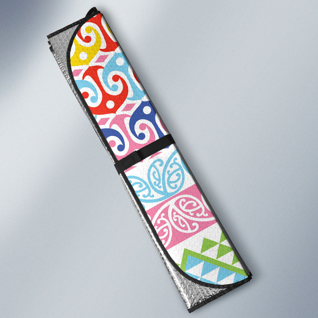 Maori Kowhaiwhai Taniko Patchwork Rainbow Motifs Auto Sun Shade LT9 - Polynesian Pride