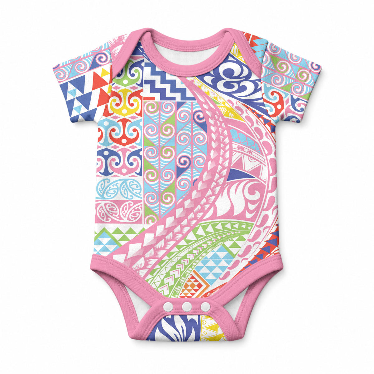 Maori Kowhaiwhai Taniko Patchwork Rainbow Motifs Baby Onesie LT9 Rainbow - Polynesian Pride
