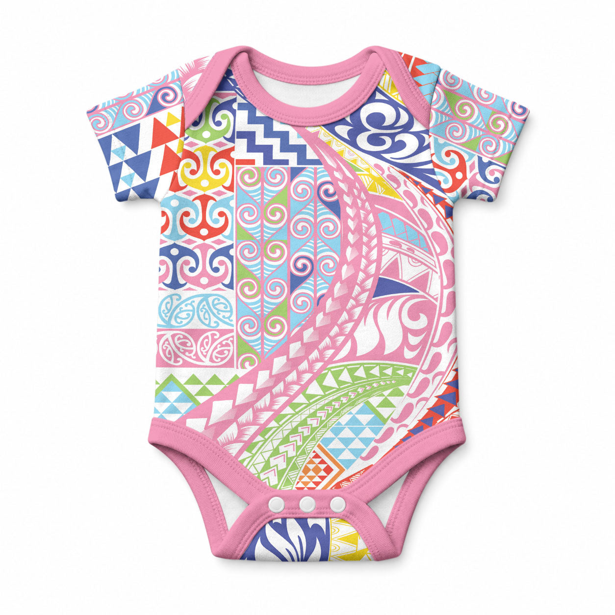 Maori Kowhaiwhai Taniko Patchwork Rainbow Motifs Baby Onesie LT9 Rainbow - Polynesian Pride
