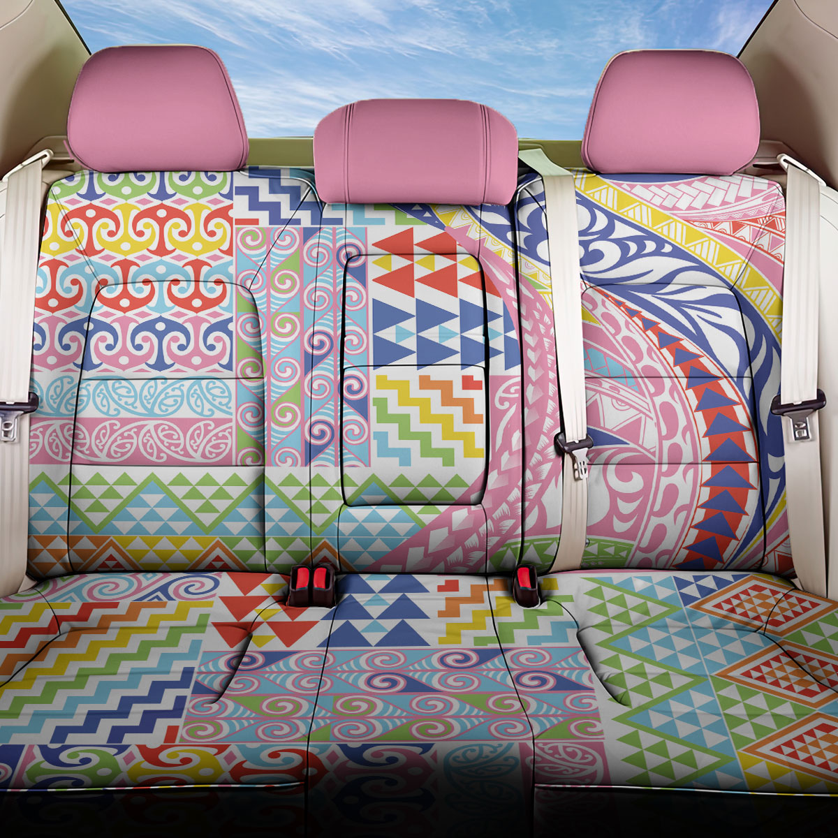 Maori Kowhaiwhai Taniko Patchwork Rainbow Motifs Back Car Seat Cover LT9 One Size Rainbow - Polynesian Pride
