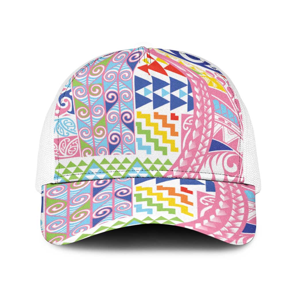Maori Kowhaiwhai Taniko Patchwork Rainbow Motifs Baseball Net Cap LT9 One Size White Rainbow - Polynesian Pride
