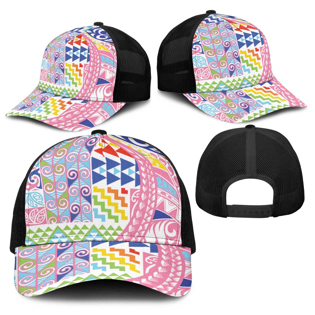 Maori Kowhaiwhai Taniko Patchwork Rainbow Motifs Baseball Net Cap LT9 - Polynesian Pride