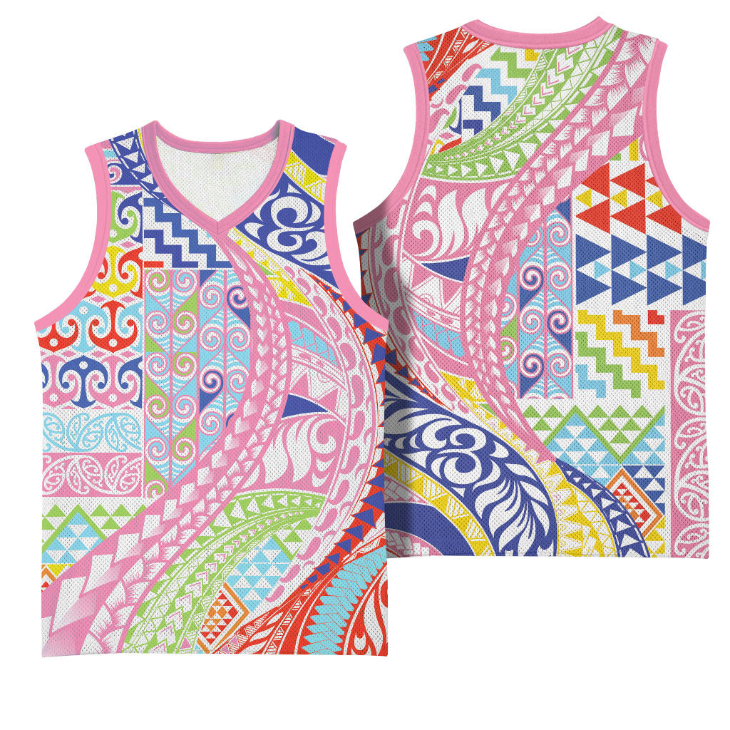 Maori Kowhaiwhai Taniko Patchwork Rainbow Motifs Basketball Jersey LT9 - Polynesian Pride