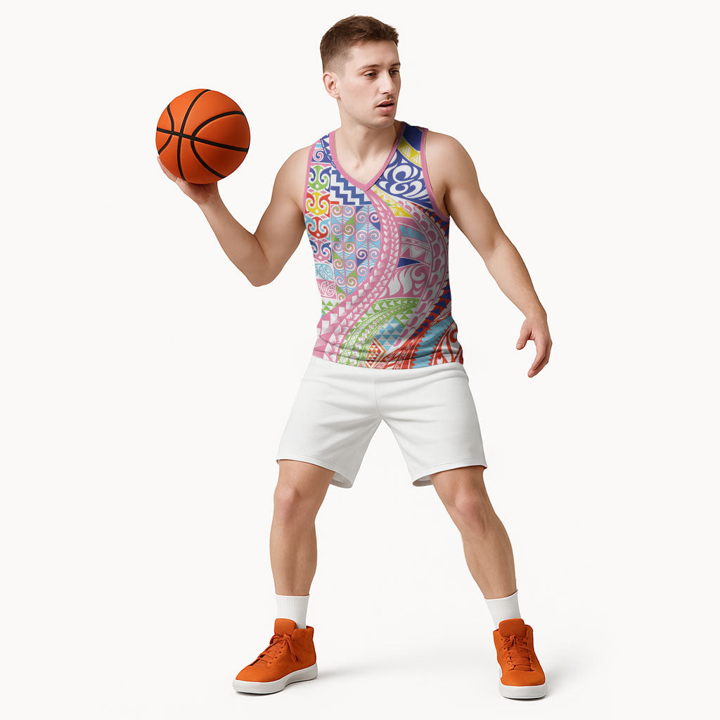 Maori Kowhaiwhai Taniko Patchwork Rainbow Motifs Basketball Jersey LT9 - Polynesian Pride