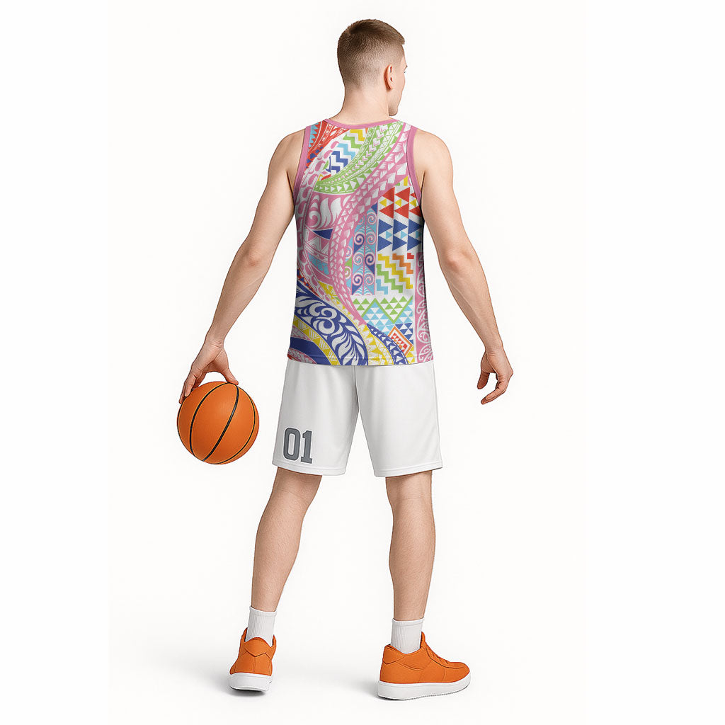 Maori Kowhaiwhai Taniko Patchwork Rainbow Motifs Basketball Jersey LT9 - Polynesian Pride