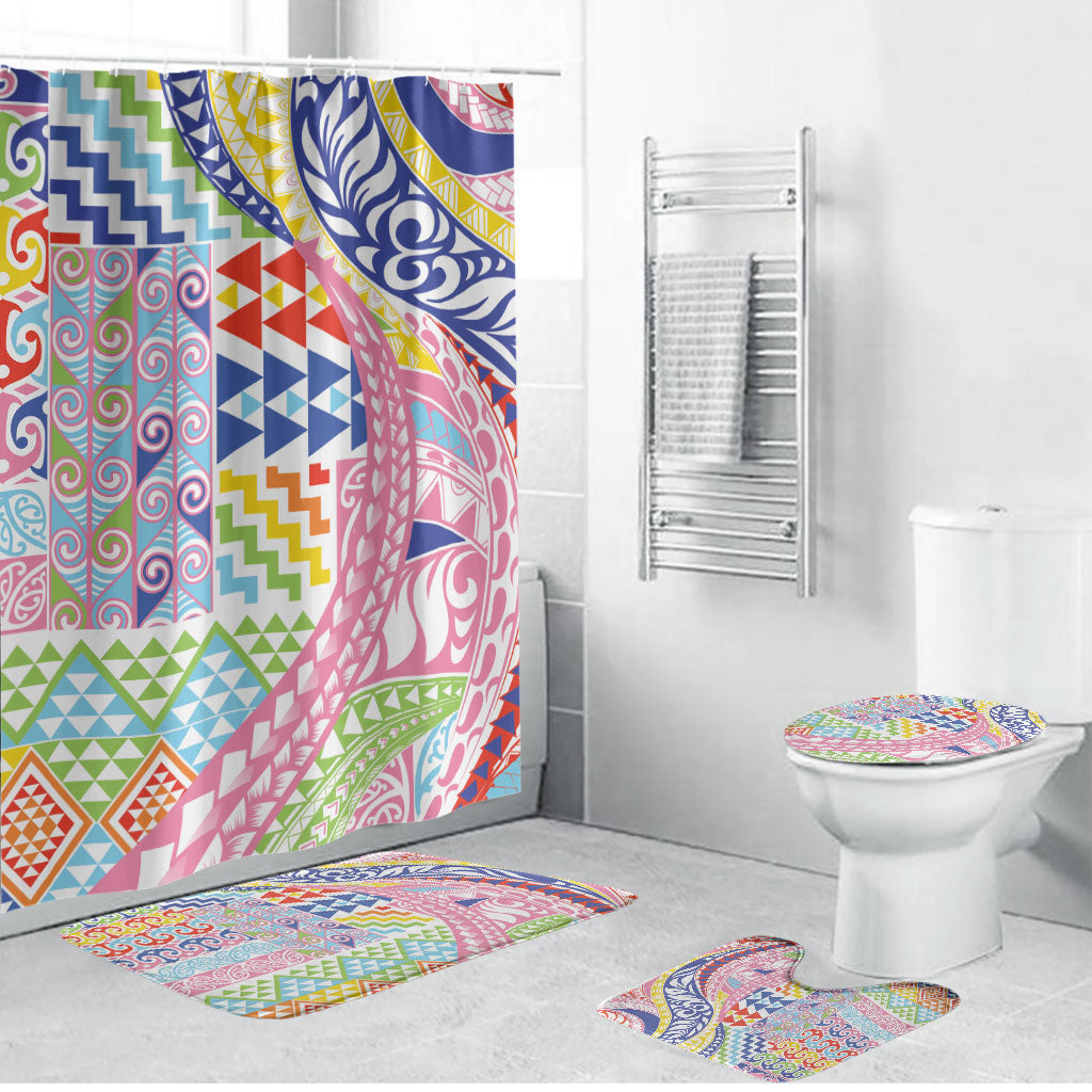 Maori Kowhaiwhai Taniko Patchwork Rainbow Motifs Bathroom Set LT9 Bathroom Set (4 pcs) Rainbow - Polynesian Pride