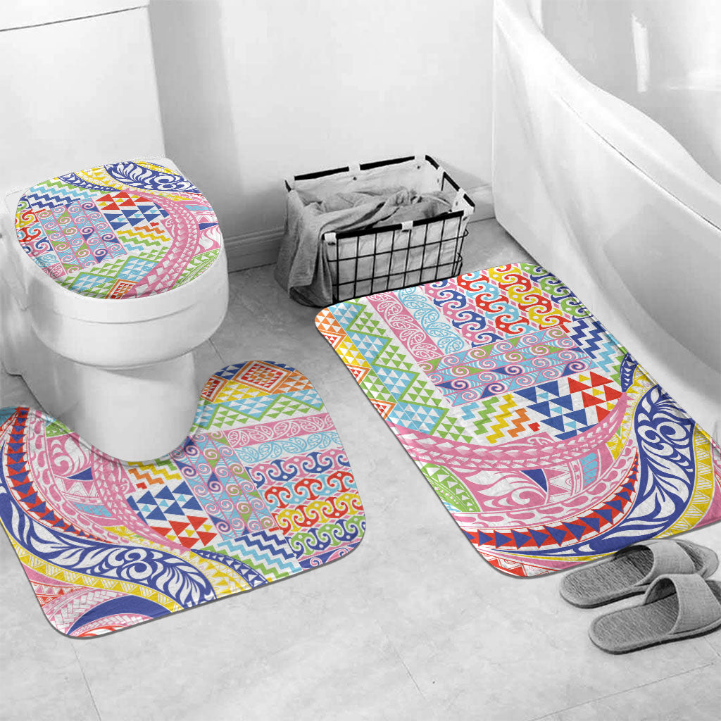 Maori Kowhaiwhai Taniko Patchwork Rainbow Motifs Bathroom Set LT9 Mat Set Only (3 pcs) One Size Rainbow - Polynesian Pride
