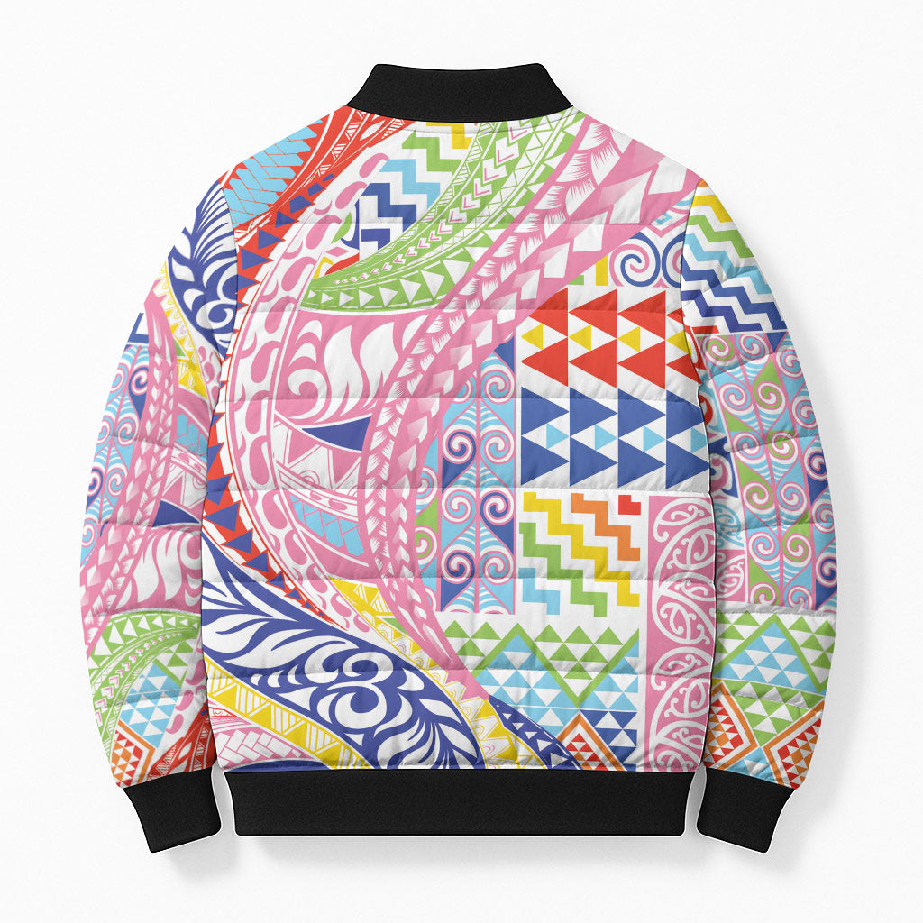 Maori Kowhaiwhai Taniko Patchwork Rainbow Motifs Bomber Puffer Jacket LT9 - Polynesian Pride