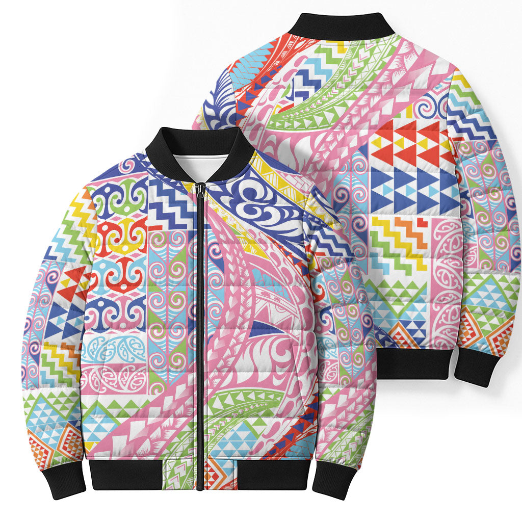 Maori Kowhaiwhai Taniko Patchwork Rainbow Motifs Bomber Puffer Jacket LT9 - Polynesian Pride