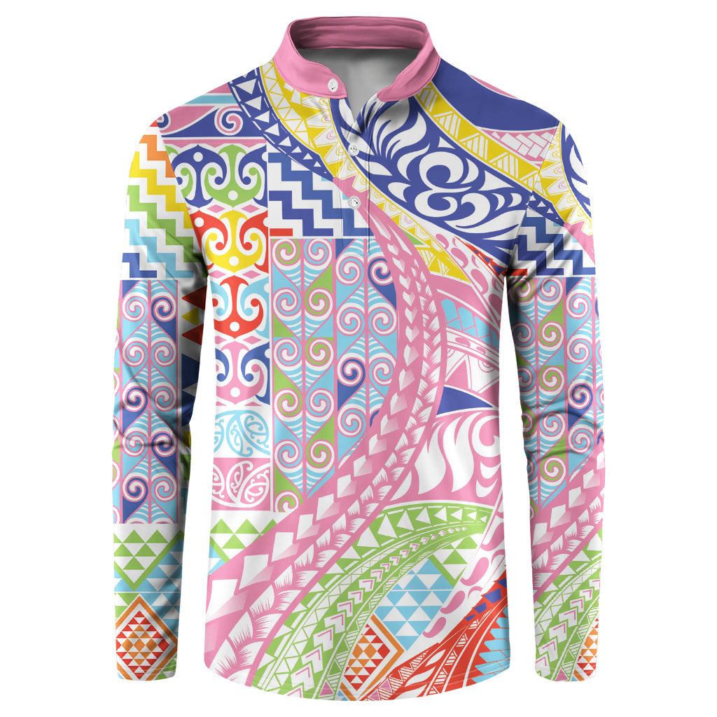 Maori Kowhaiwhai Taniko Patchwork Rainbow Motifs Button Sweatshirt LT9 Rainbow - Polynesian Pride