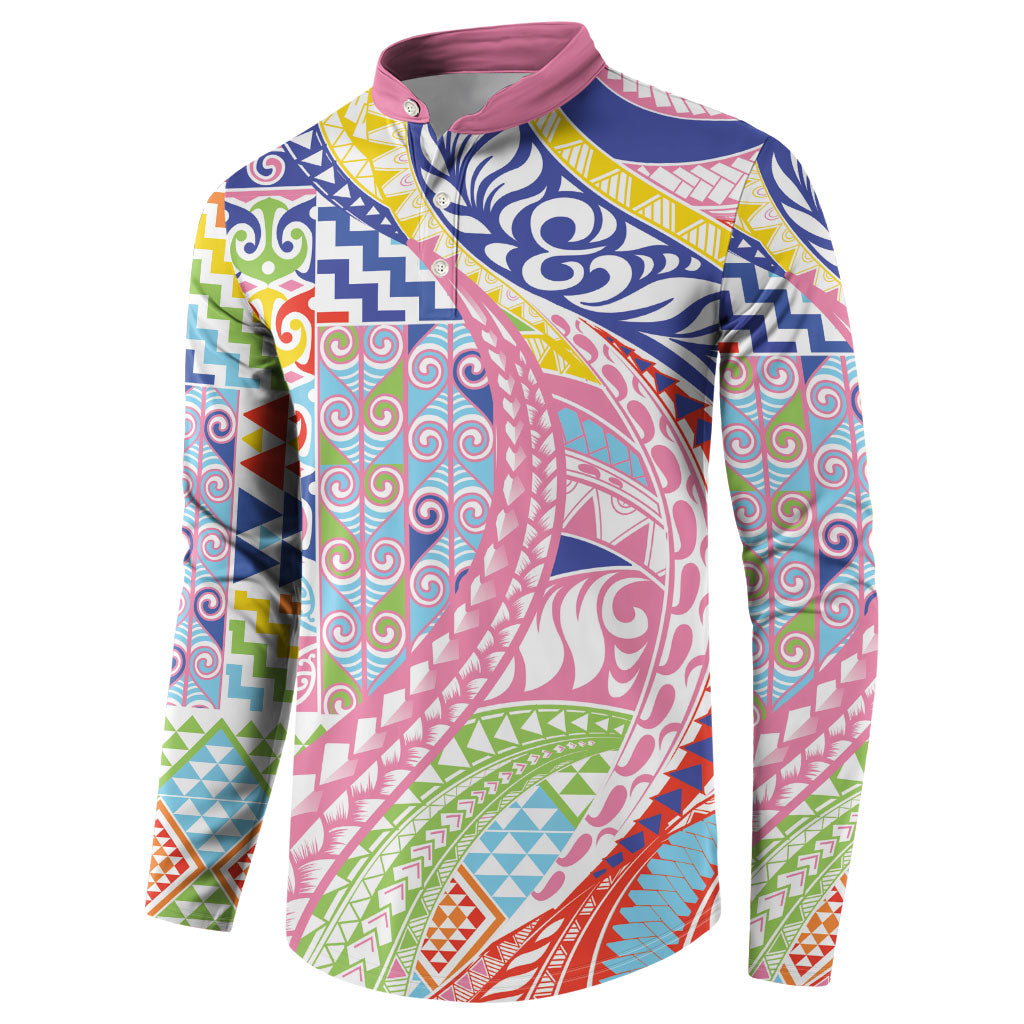 Maori Kowhaiwhai Taniko Patchwork Rainbow Motifs Button Sweatshirt LT9 - Polynesian Pride