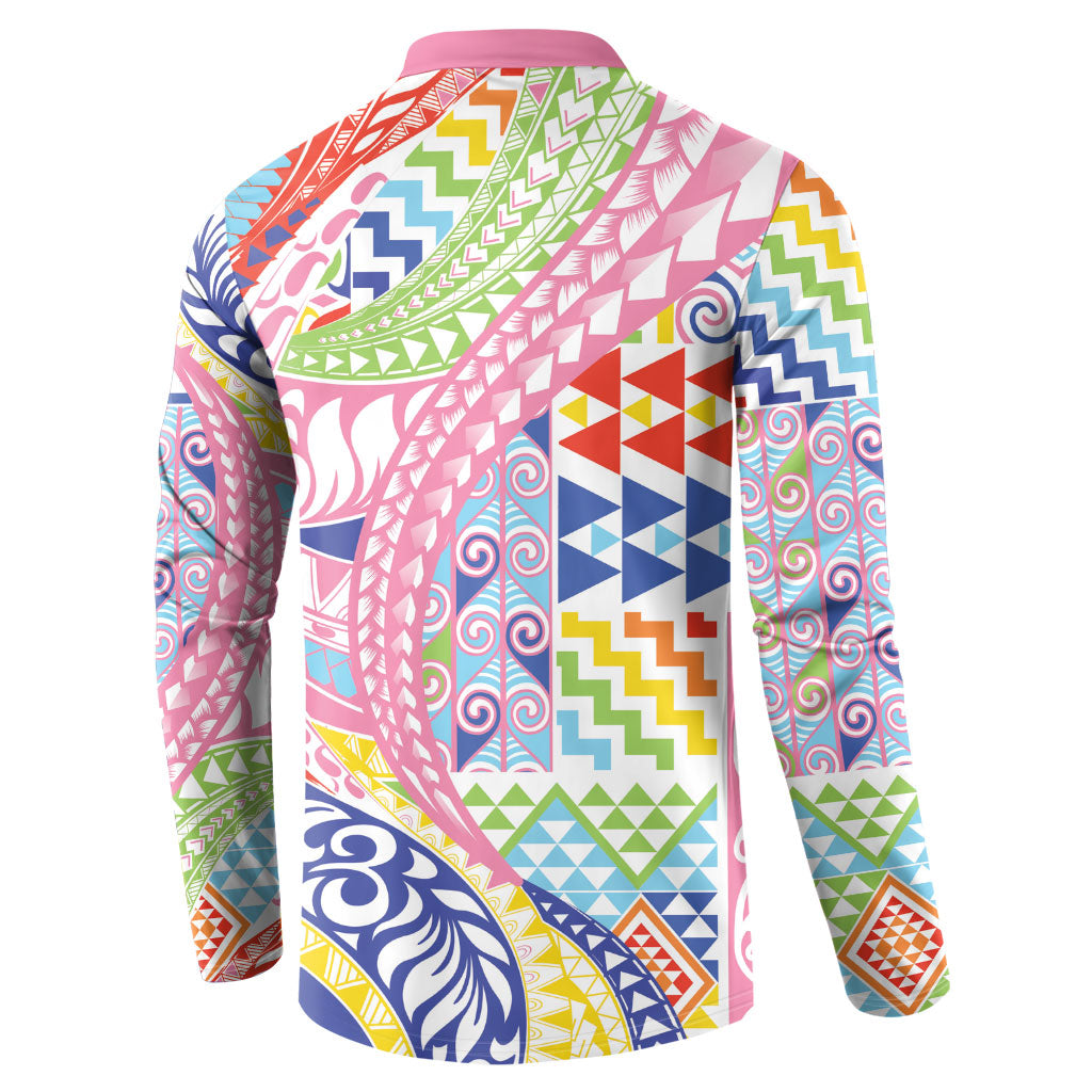 Maori Kowhaiwhai Taniko Patchwork Rainbow Motifs Button Sweatshirt LT9 - Polynesian Pride