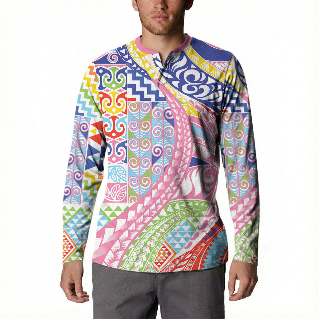 Maori Kowhaiwhai Taniko Patchwork Rainbow Motifs Button Sweatshirt LT9 - Polynesian Pride