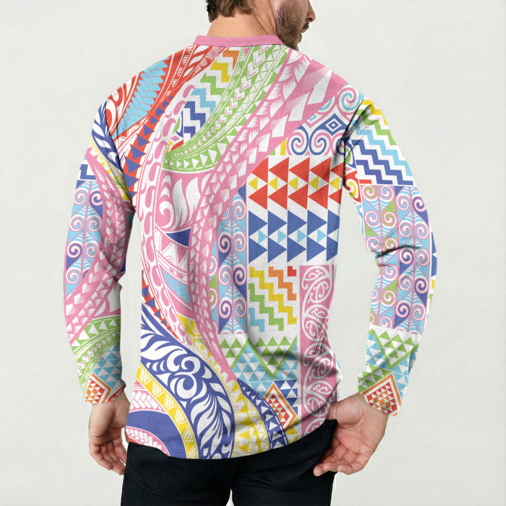 Maori Kowhaiwhai Taniko Patchwork Rainbow Motifs Button Sweatshirt LT9 - Polynesian Pride