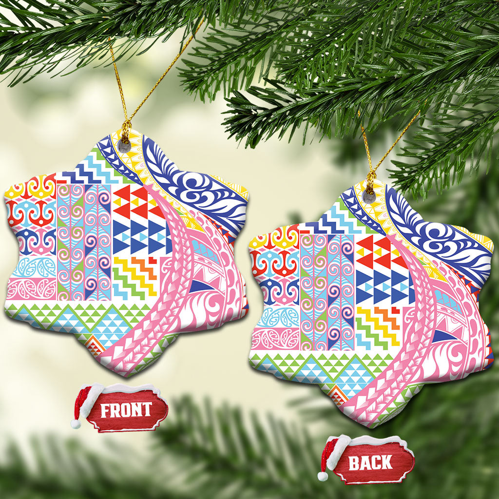 Maori Kowhaiwhai Taniko Patchwork Rainbow Motifs Ceramic Ornament LT9 Snow Flake Rainbow - Polynesian Pride
