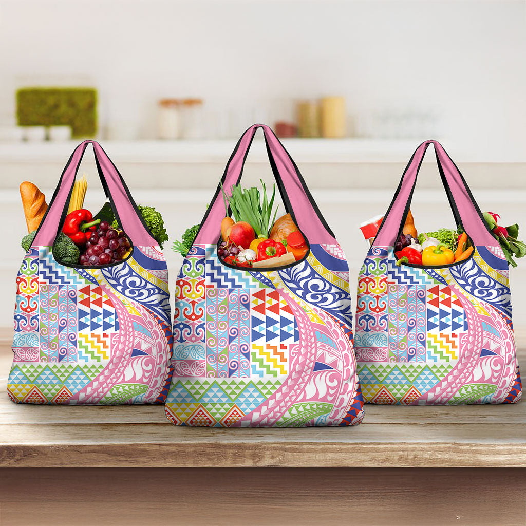 Maori Kowhaiwhai Taniko Patchwork Rainbow Motifs Grocery Bag LT9 3-pack One Size Rainbow - Polynesian Pride