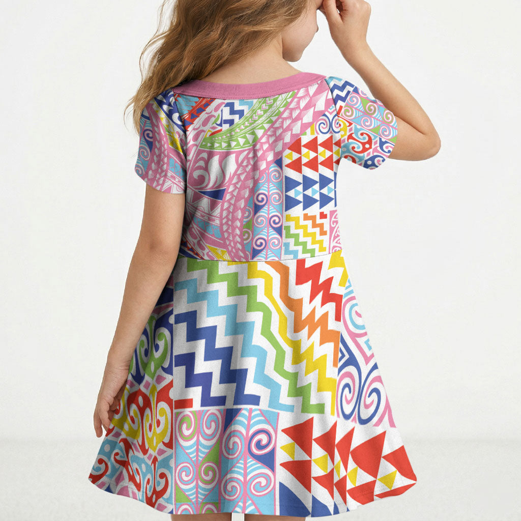Maori Kowhaiwhai Taniko Patchwork Rainbow Motifs Kid Short Sleeve Dress LT9 - Polynesian Pride