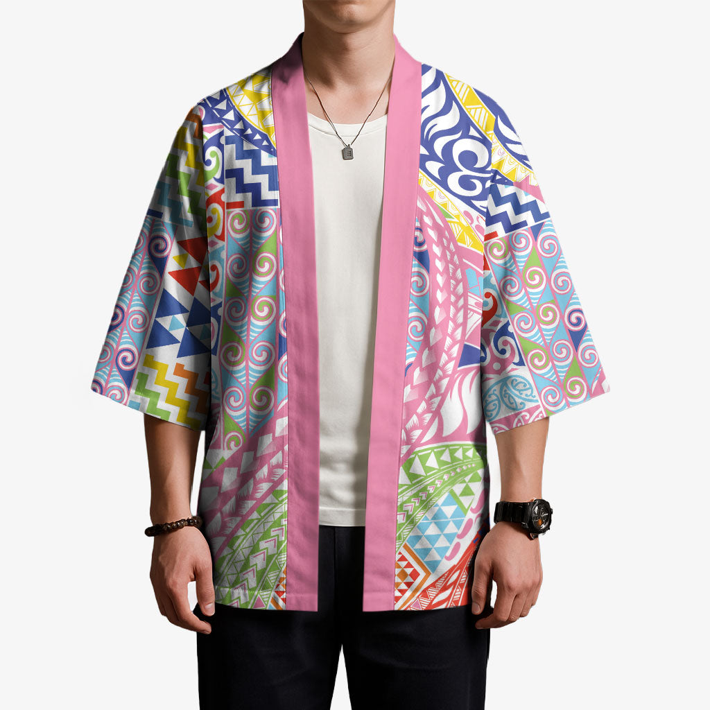 Maori Kowhaiwhai Taniko Patchwork Rainbow Motifs Kimono LT9 - Polynesian Pride