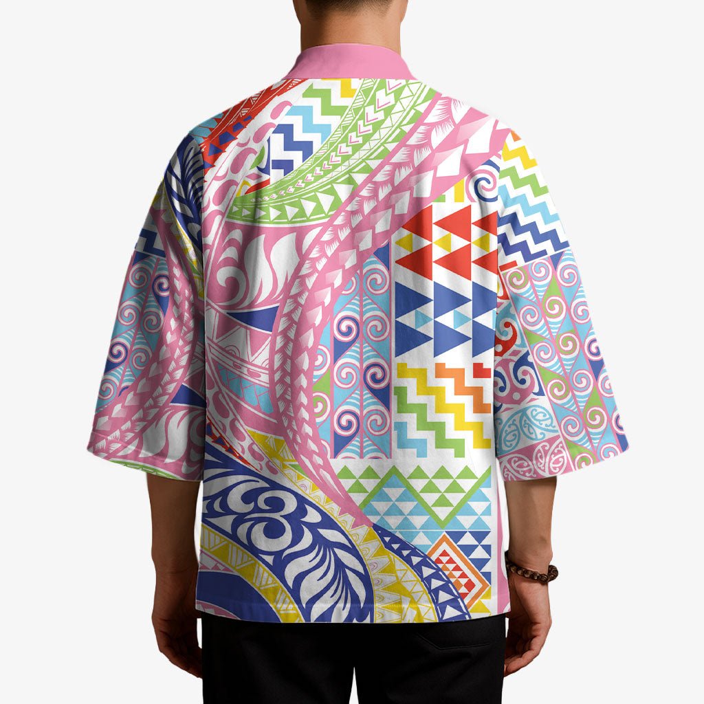 Maori Kowhaiwhai Taniko Patchwork Rainbow Motifs Kimono LT9 - Polynesian Pride