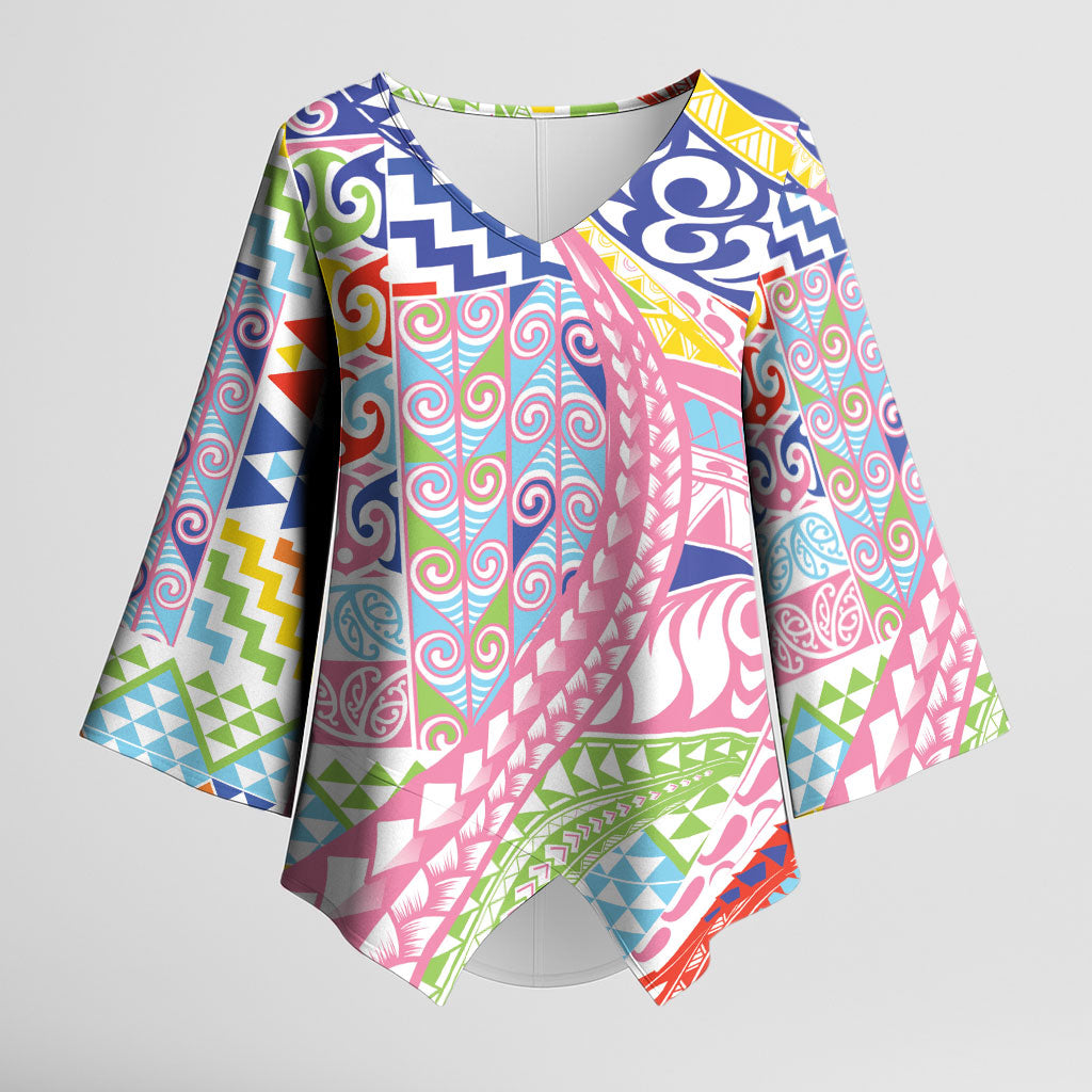 Maori Kowhaiwhai Taniko Patchwork Rainbow Motifs Kimono Sleeve Blouse LT9 Female Rainbow - Polynesian Pride