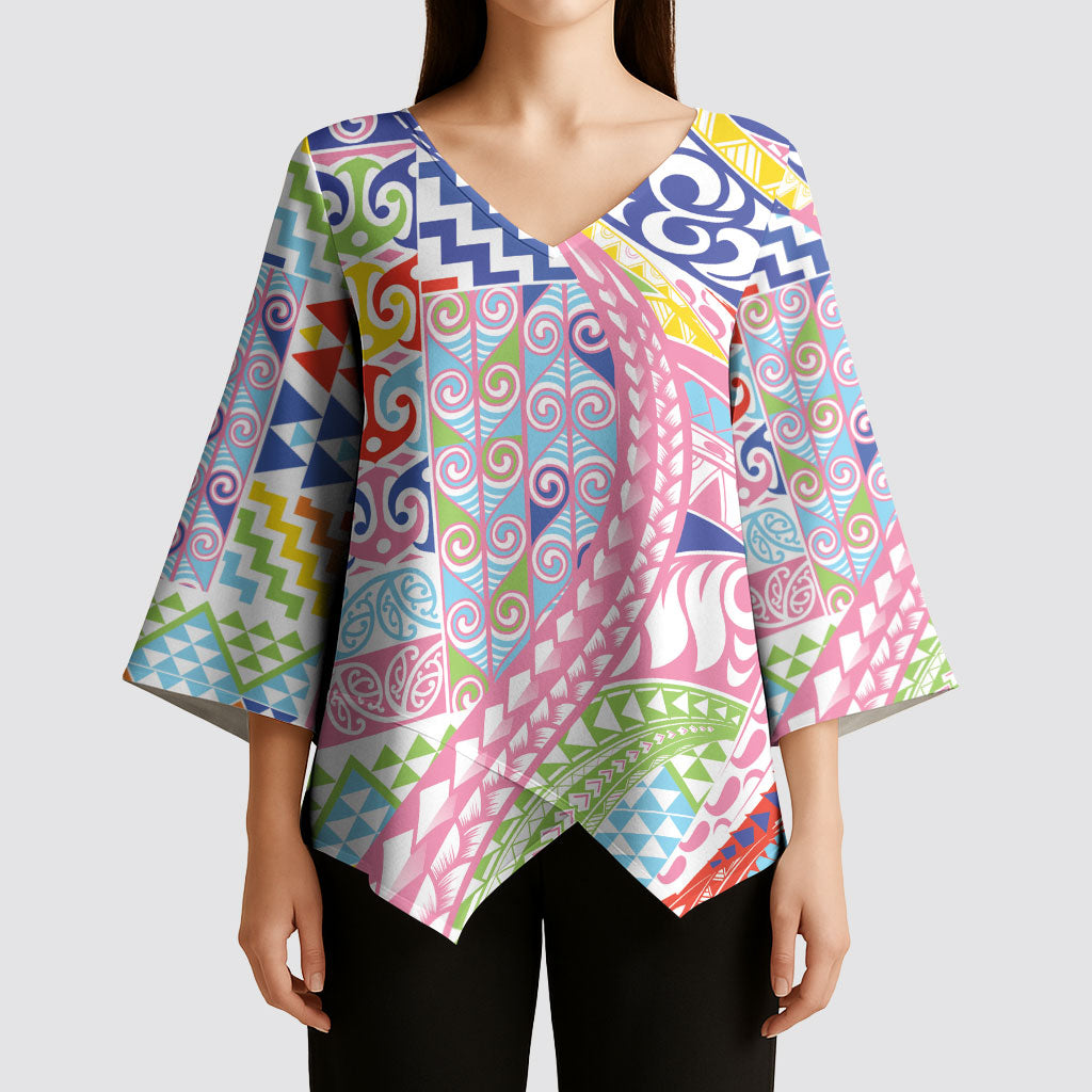 Maori Kowhaiwhai Taniko Patchwork Rainbow Motifs Kimono Sleeve Blouse LT9 - Polynesian Pride