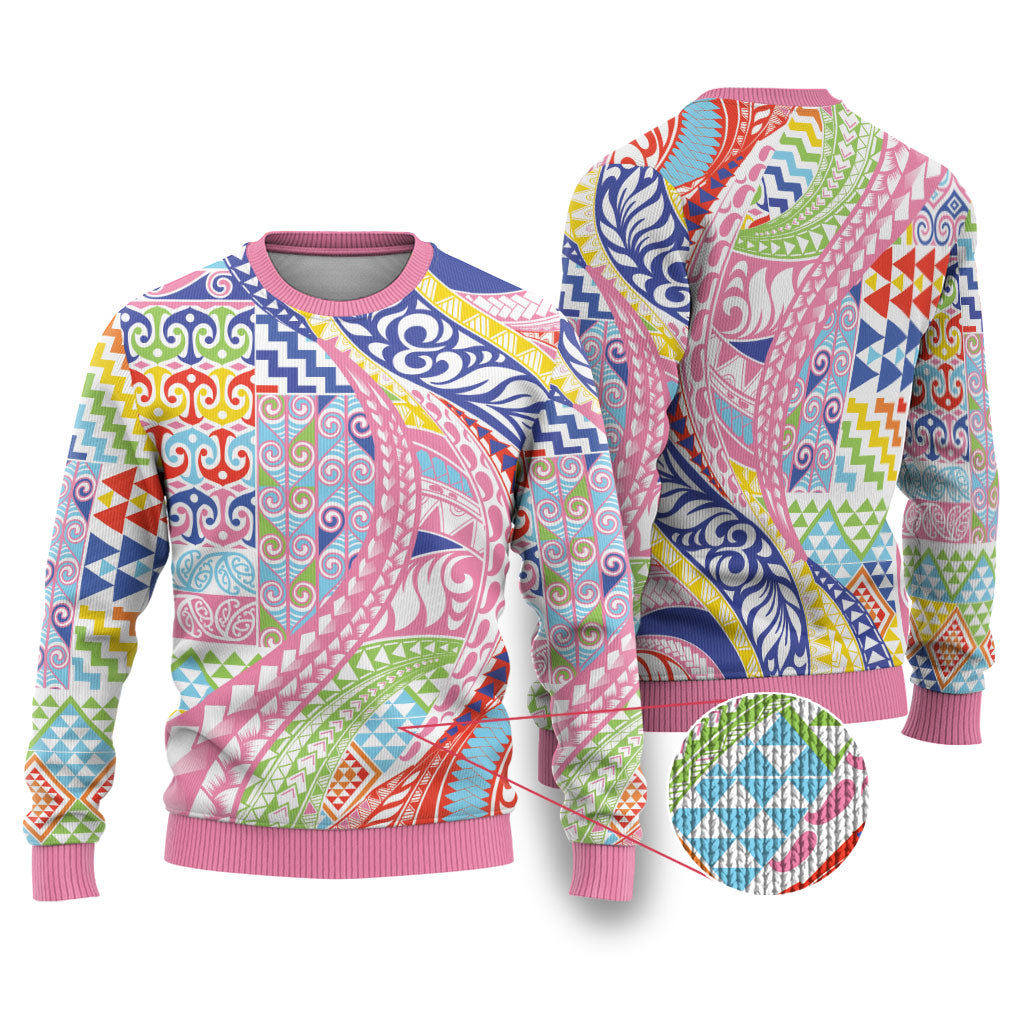Maori Kowhaiwhai Taniko Patchwork Rainbow Motifs Ugly Christmas Sweater