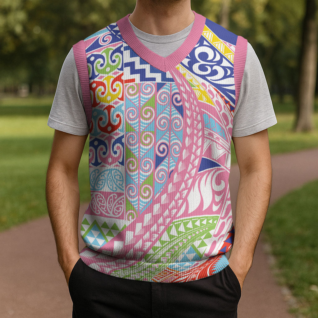 Maori Kowhaiwhai Taniko Patchwork Rainbow Motifs Christmas Knitted V-Neck Vest LT9 - Polynesian Pride