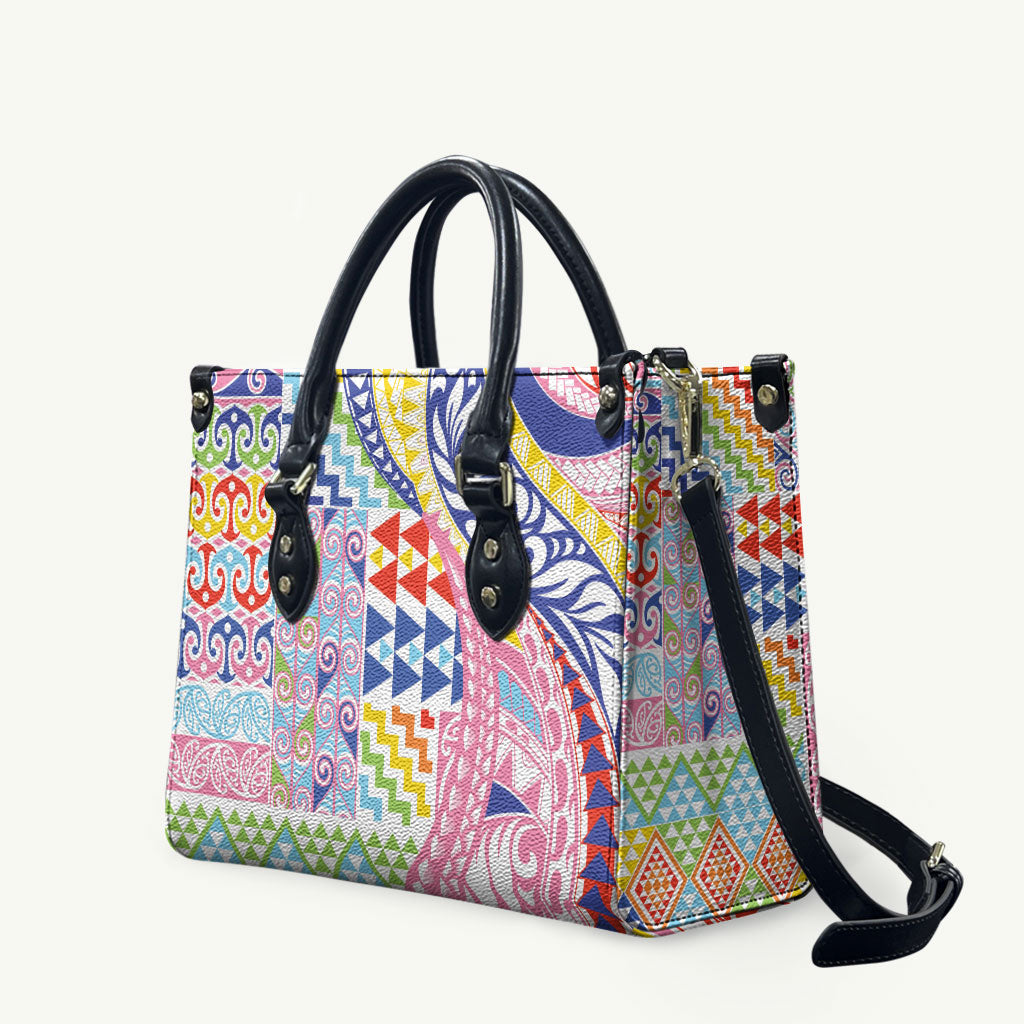 Maori Kowhaiwhai Taniko Patchwork Rainbow Motifs Leather Bag LT9 Rainbow - Polynesian Pride