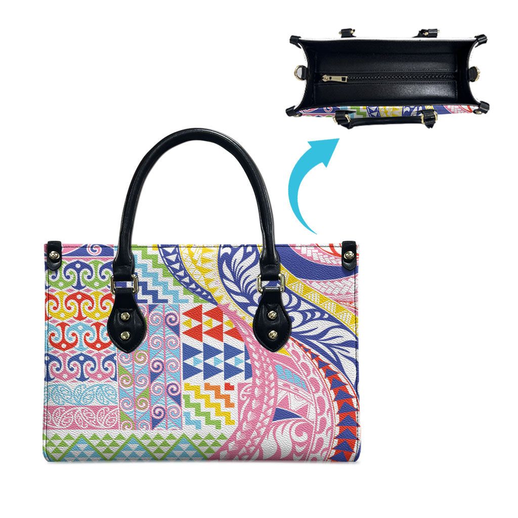 Maori Kowhaiwhai Taniko Patchwork Rainbow Motifs Leather Bag LT9 - Polynesian Pride
