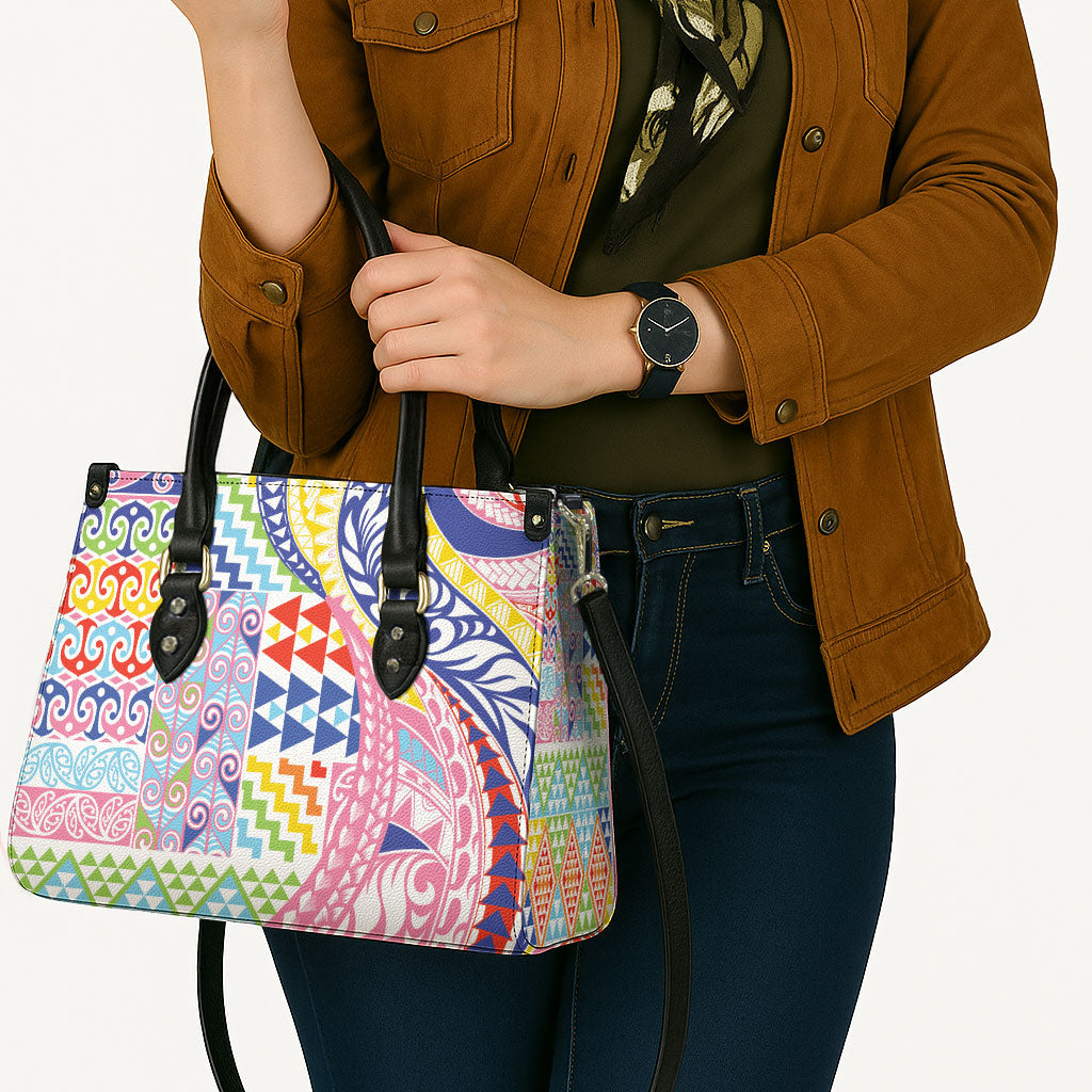 Maori Kowhaiwhai Taniko Patchwork Rainbow Motifs Leather Bag LT9 - Polynesian Pride