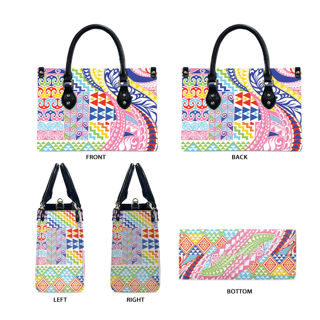 Maori Kowhaiwhai Taniko Patchwork Rainbow Motifs Leather Bag LT9 - Polynesian Pride