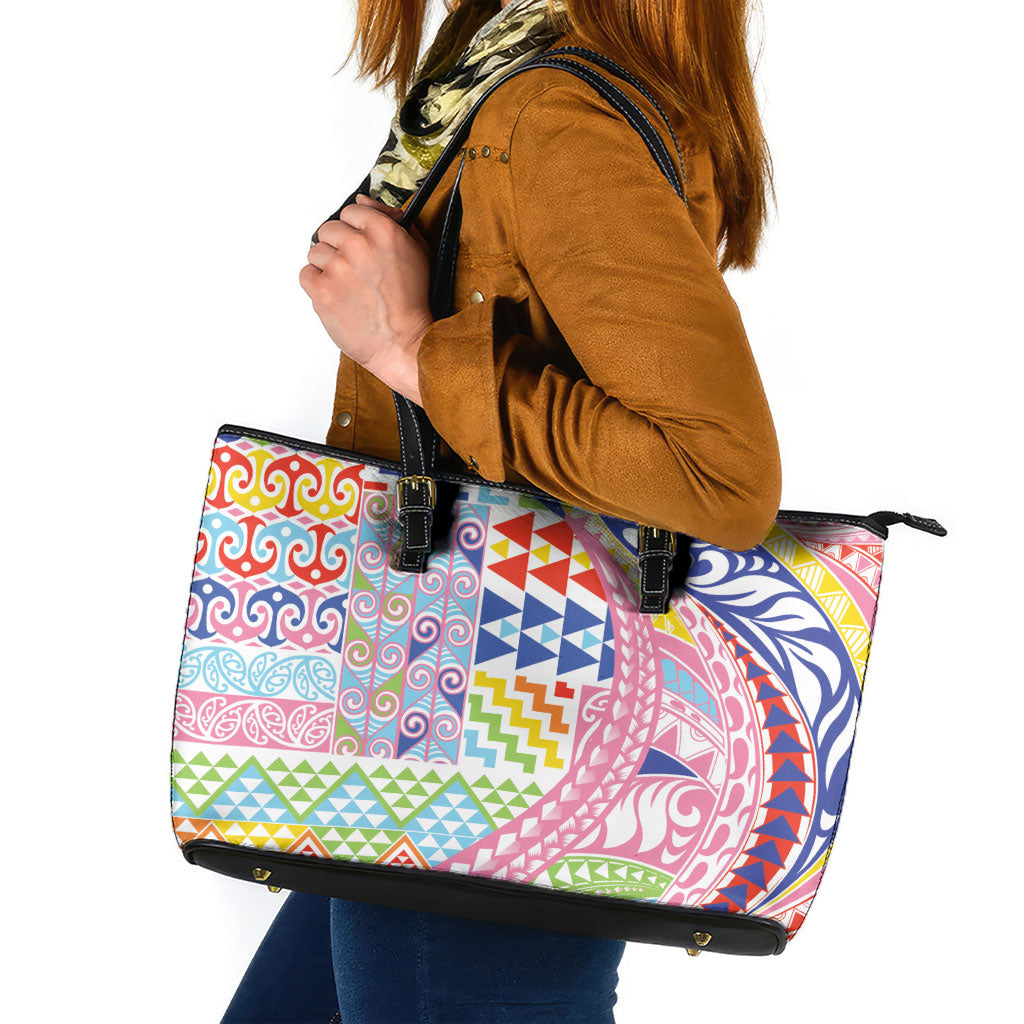 Maori Kowhaiwhai Taniko Patchwork Rainbow Motifs Leather Tote Bag LT9 Rainbow - Polynesian Pride